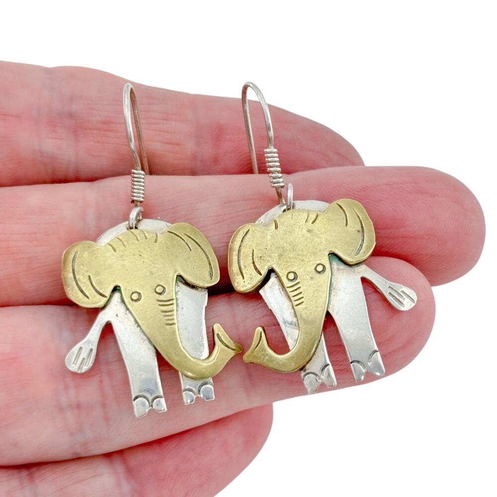 Vintage Mexico Taxco Sterling Silver 925 Brass Elephant Dangle Earrings